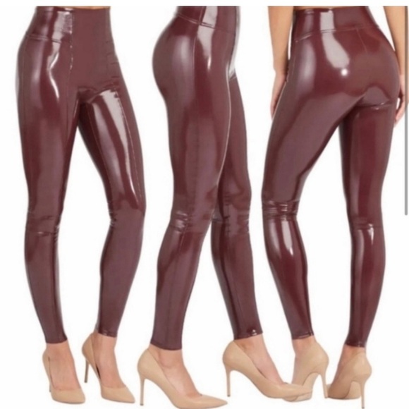 SPANXshape Faux Leather Patent Leggings Size Small Petite Ruby Burgundy Shiny - Picture 2 of 16